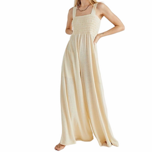 FP Beach Homecoming Wide Leg Jumpsuit Ivory Medium Smocked Bodice Flowy EUC